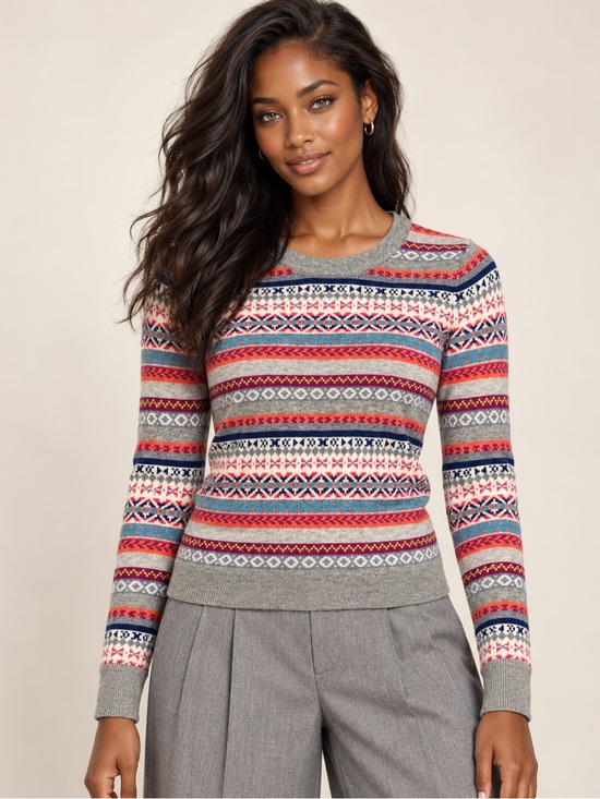 GAP Sweaters - GAP Gray Crewneck Sweater with Multicolor Fair Isle Stripes XS